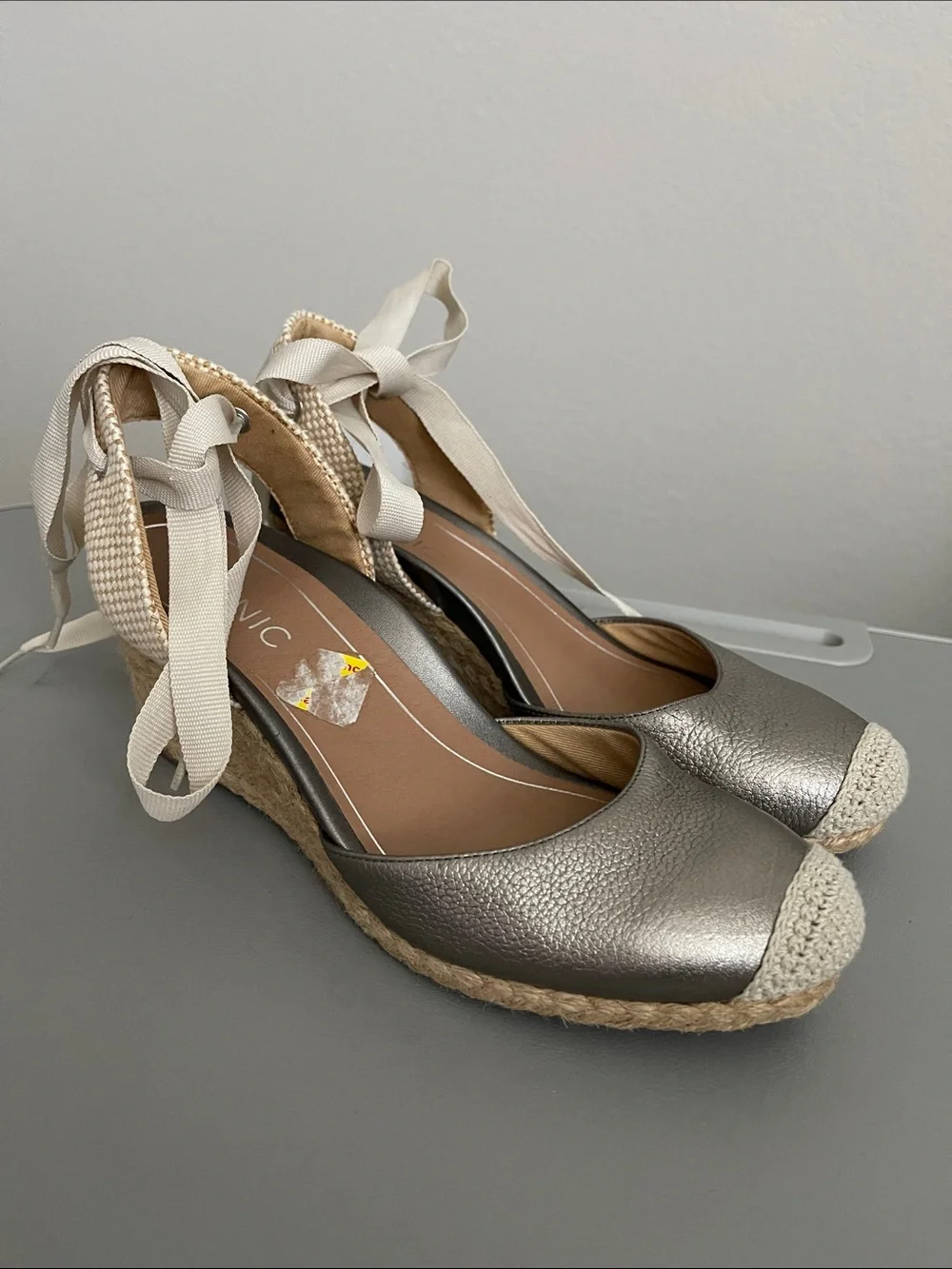 Vionic Metallic Silver Espadrille Wedge Sandals with Cream Ankle Ties